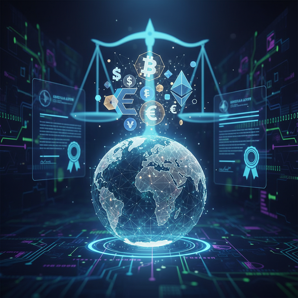 Abstract cryptocurrency symbols and global regulatory icons representing the evolving cryptocurrency market trends and regulatory landscape in 2026, digital illustration