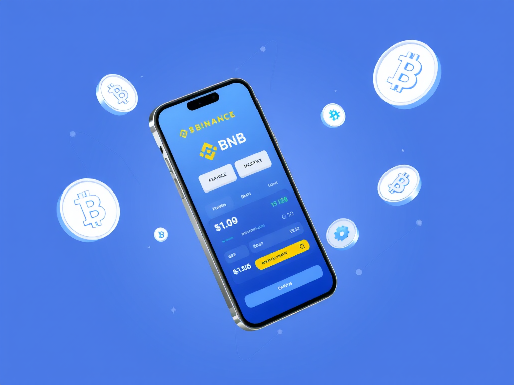 Ảnh minh họa giao diện ứng dụng Binance trên điện thoại thông minh hiển thị số dư BNB, các biểu tượng tiền điện tử sống động xung quanh, thiết kế tối giản hiện đại