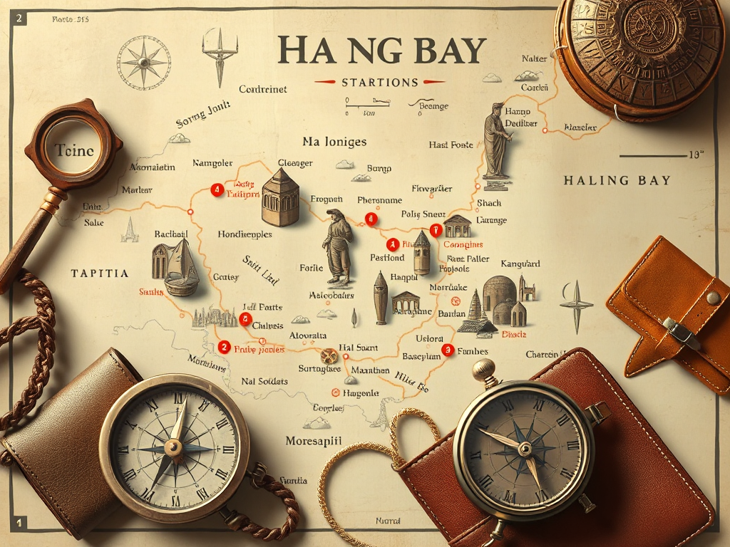 Bản đồ du lịch Vịnh Hạ Long với các điểm tham quan mới nhất được đánh dấu, la bàn cổ điển và phụ kiện du lịch trên nền ánh sáng tự nhiên mềm mại