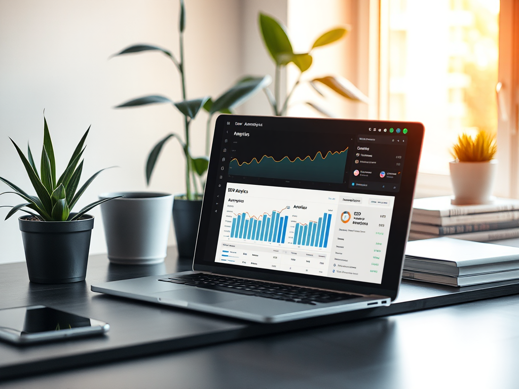 Bàn làm việc hiện đại với laptop mở hiển thị bảng phân tích SEO, cây cảnh và sách xung quanh, ánh sáng tự nhiên ấm áp, phong cách tối giản