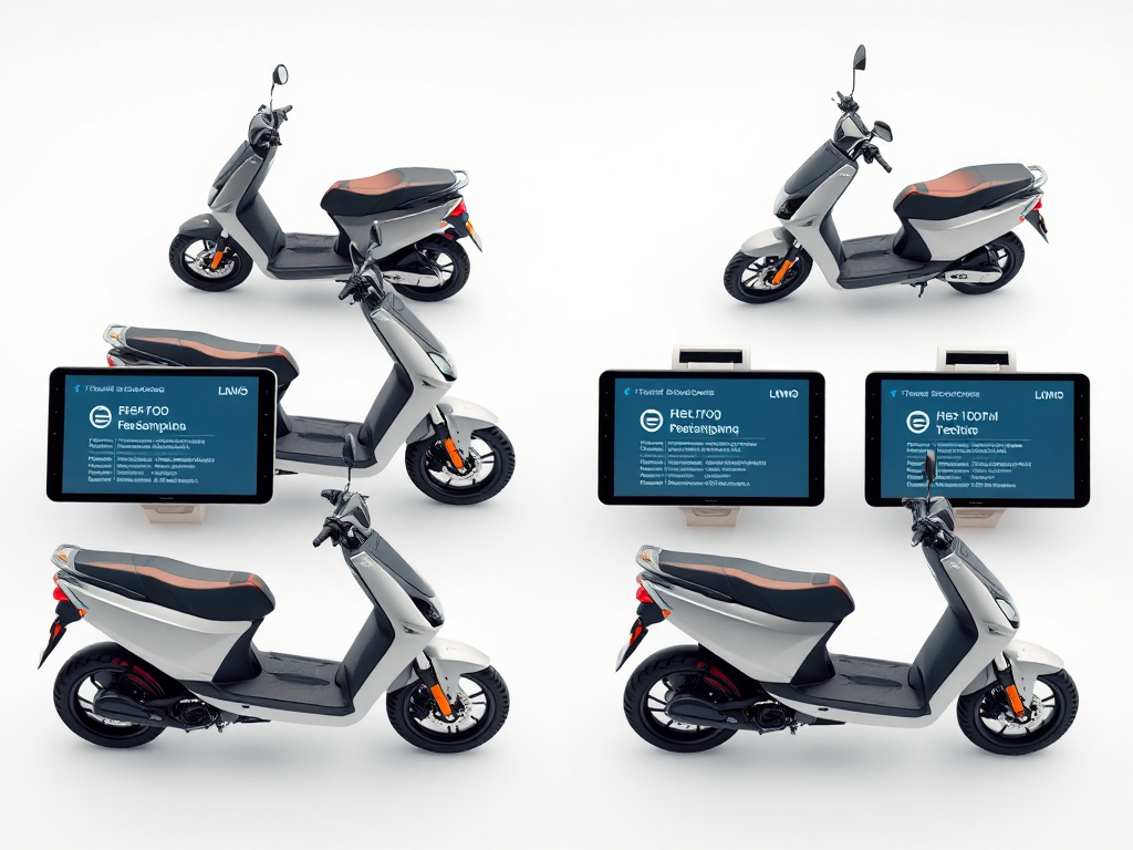 Bảng so sánh chi tiết 4 mẫu xe máy điện VinFast với thông số kỹ thuật hiển thị trên màn hình số, thiết kế hiện đại, nền trắng tinh tế