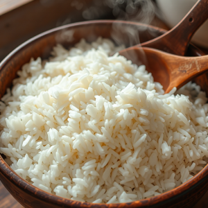 Bát cơm trắng thơm ngon vừa chín tới, hạt cơm tơi xốp không bị nhão, kèm theo thìa gỗ trên nền bếp mộc mạc, ánh sáng tự nhiên ấm áp