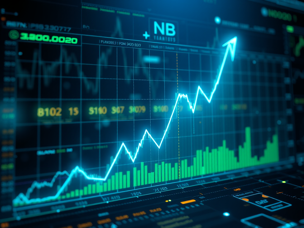 Biểu đồ giá BNB Coin hiển thị xu hướng tăng trưởng với các yếu tố giao diện tương lai, màu xanh dương và xanh lá cây nổi bật, thiết kế công nghệ hiện đại