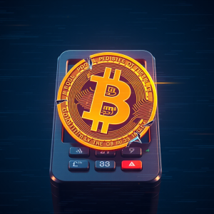 Biểu tượng Bitcoin trên máy thanh toán bị hỏng với hiệu ứng lỗi kỹ thuật số trên nền xanh đậm, phong cách nghệ thuật tương lai