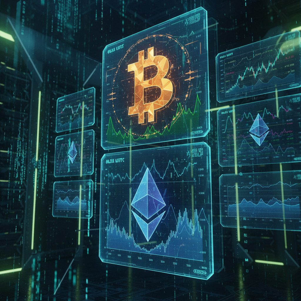 Bitcoin and Ethereum cryptocurrency symbols displayed on digital trading screens with market data analytics in futuristic technology interface design