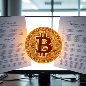 Bitcoin biểu tượng trên màn hình máy tính với tài liệu pháp lý tiếng Việt, ánh sáng văn phòng nhẹ nhàng, khái niệm tiền điện tử chuyên nghiệp