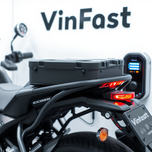 Bộ sạc pin xe máy điện VinFast với các đèn LED chỉ báo trạng thái sạc, thiết kế hiện đại và chuyên nghiệp trong không gian sạc sạch sẽ