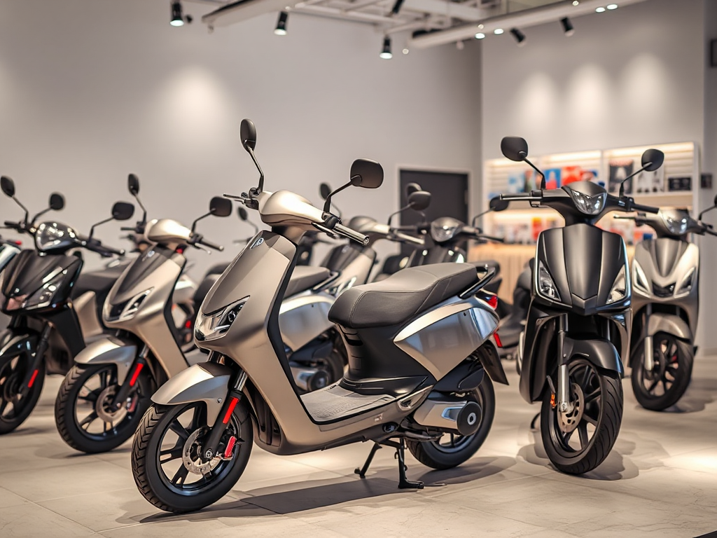 Bộ sưu tập xe máy điện VinFast được trưng bày trong showroom hiện đại với ánh sáng dịu nhẹ, thiết kế sang trọng và công nghệ tiên tiến