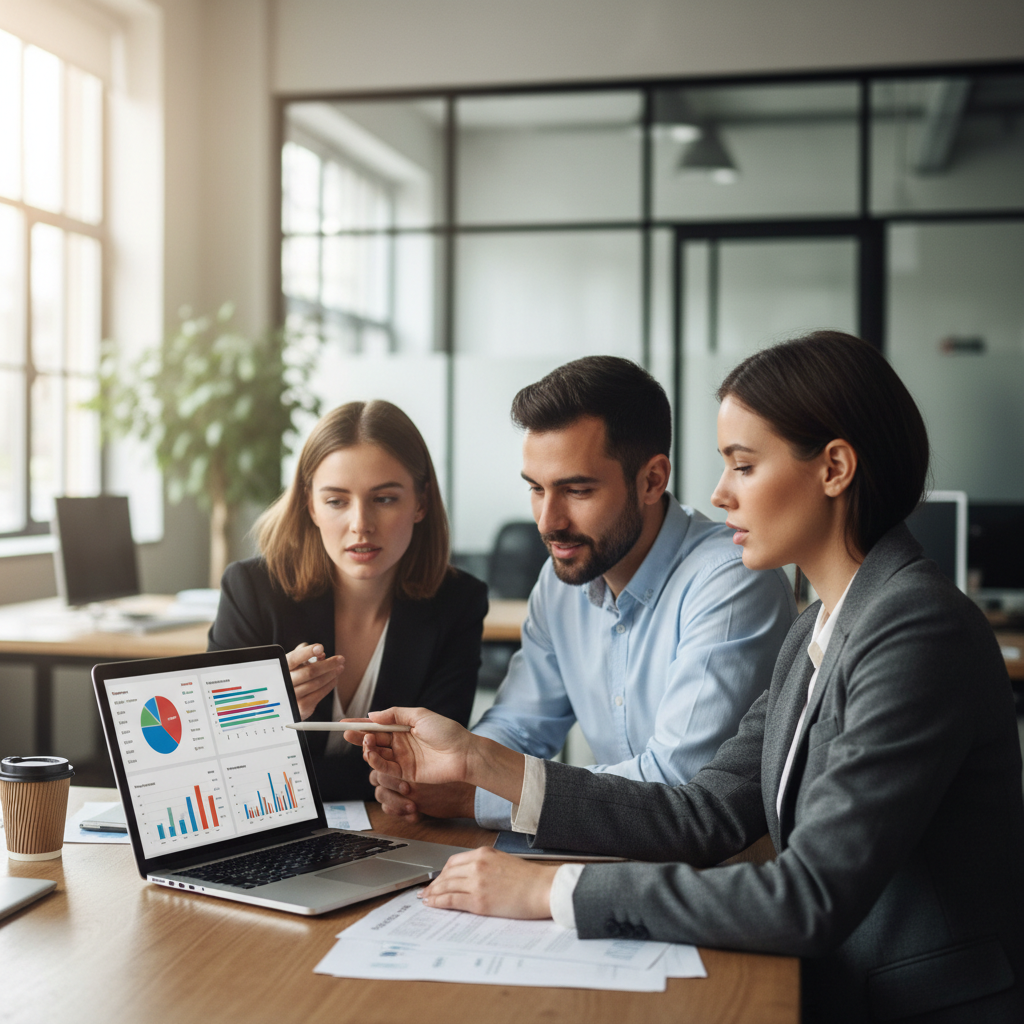 Business professionals analyzing SEO dashboard metrics on laptop screen in modern office setting