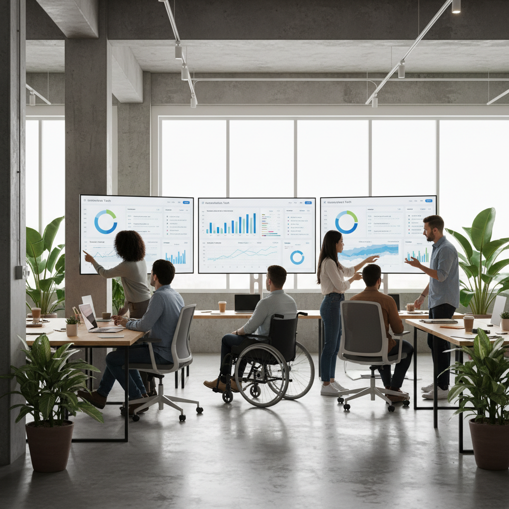 Business professionals examining industry-specific SEO metrics and analytics on multiple screens in a modern office environment, demonstrating targeted SEO strategies for different sectors