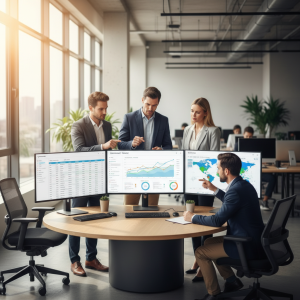 Business professionals reviewing SEO metrics and analytics on computer screens in contemporary office environment