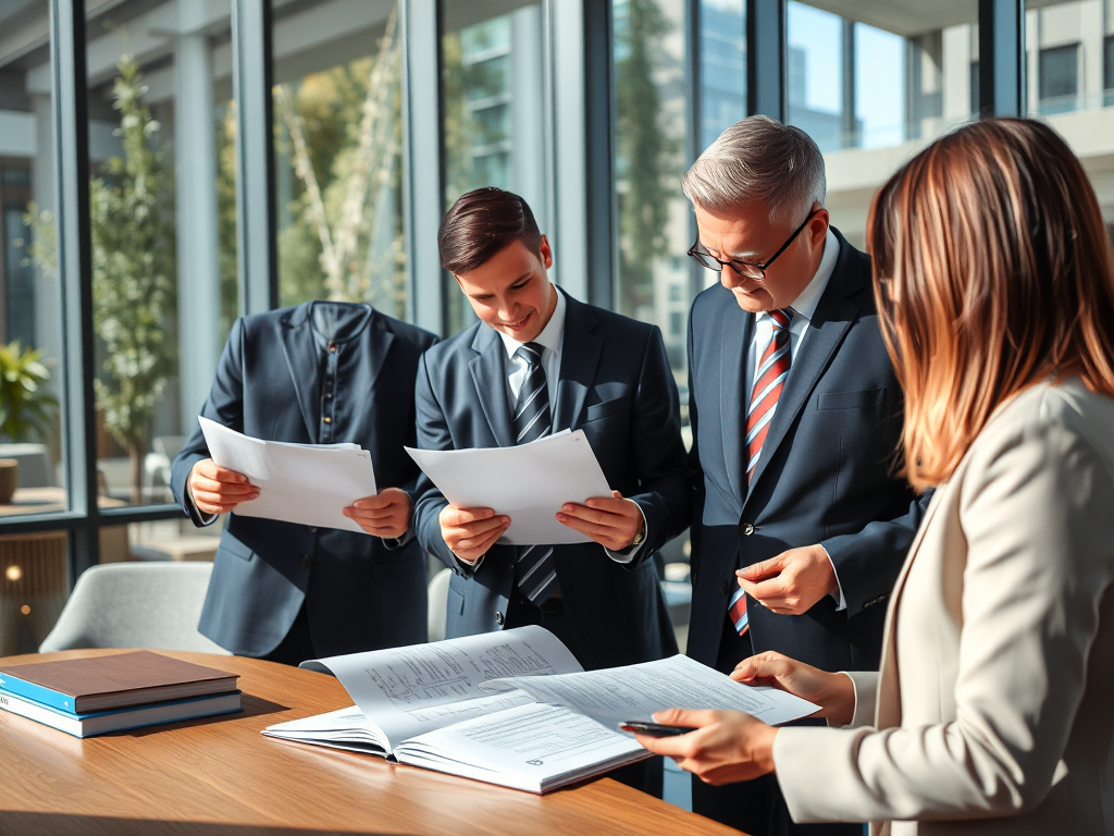 Các chuyên gia pháp lý đang xem xét tài liệu quy định xây dựng trong văn phòng luật hiện đại với ánh sáng tự nhiên từ cửa sổ lớn