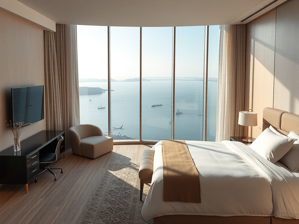 Cảnh bên trong phòng khách sạn 4 sao Hạ Long với tầm nhìn toàn cảnh biển, thiết kế hiện đại, cửa sổ lớn và nội thất sang trọng gần bờ biển