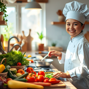 Cảnh bếp tươi sáng với nguyên liệu tươi ngon, dụng cụ nấu ăn và người mới bắt đầu nấu ăn đang cười vui vẻ trong không gian bếp ấm cúng