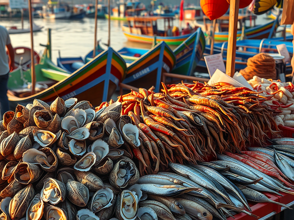 Cảnh chợ hải sản tươi sống tại Vịnh Hạ Long với hàu, mực nướng và cá địa phương, thuyền đánh cá nền sau, ánh sáng vàng ấm áp, thể hiện ẩm thực đặc sắc của du lịch Vịnh Hạ Long 2026
