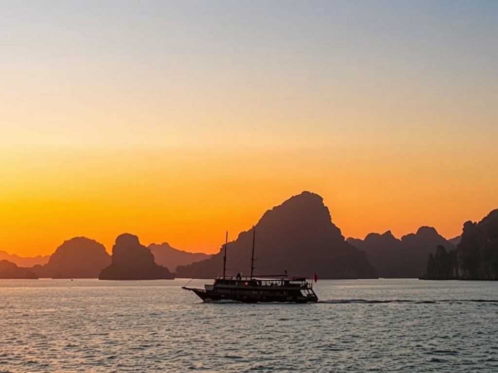 Cảnh hoàng hôn trên vịnh Hạ Long với các hòn đảo đá vôi hùng vĩ, thuyền cổ truyền lướt nhẹ trên mặt nước phẳng lặng, ánh sáng vàng rực rỡ