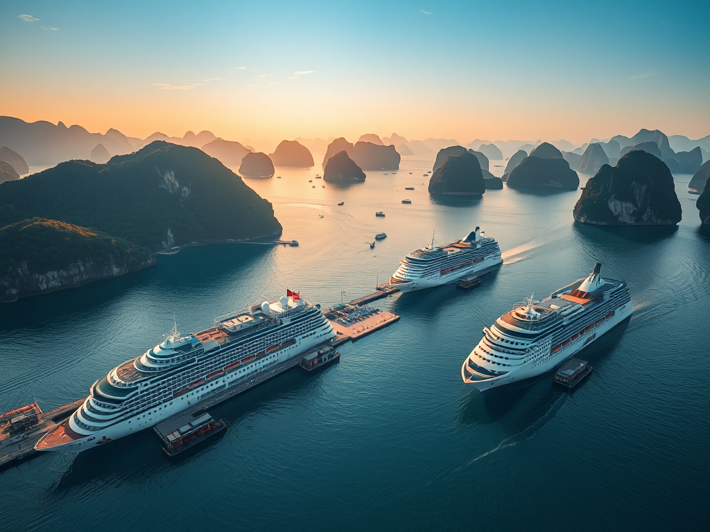 Cảnh nhìn từ trên cao các tàu du lịch cao cấp mới tại vịnh Hạ Long năm 2026, nước biển xanh ngọc bích, vịnh đá vôi hùng vĩ dưới ánh hoàng hôn vàng rực