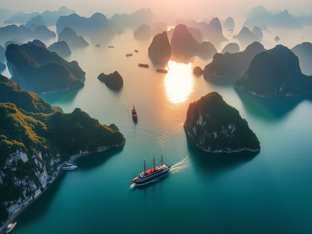 Cảnh quan tuyệt đẹp của Vịnh Hạ Long với các hòn đảo đá vôi hùng vĩ, thuyền du lịch truyền thống lướt trên mặt nước xanh ngọc, ánh bình minh vàng rực tạo nên khung cảnh thơ mộng cho lịch trình du l...