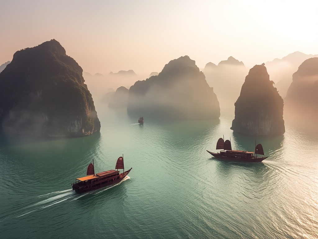 Cảnh quan tuyệt đẹp của Vịnh Hạ Long với các hòn đảo đá vôi nhô lên khỏi mặt nước xanh ngọc, thuyền buồm truyền thống lướt qua làn sương mờ ảo dưới ánh bình minh vàng rực