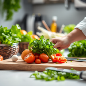 Cảnh sơ chế thực phẩm trong bếp chuyên nghiệp với nguyên liệu tươi ngon, dao và thớt gỗ, ánh sáng tự nhiên rõ ràng, thể hiện kỹ thuật sơ chế thực phẩm cơ bản