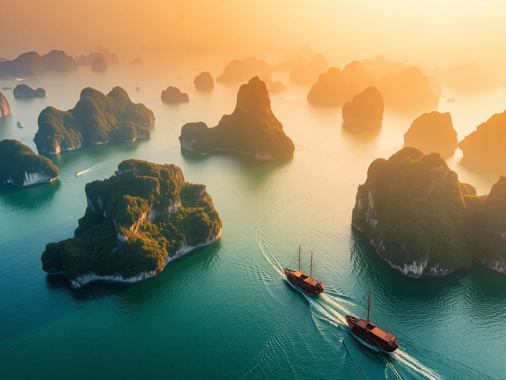Cảnh toàn cảnh Vịnh Hạ Long 2026 với những hòn đảo đá vôi nhô lên khỏi mặt nước biển xanh ngọc, thuyền du lịch truyền thống đang lướt trên vịnh dưới ánh hoàng hôn vàng rực
