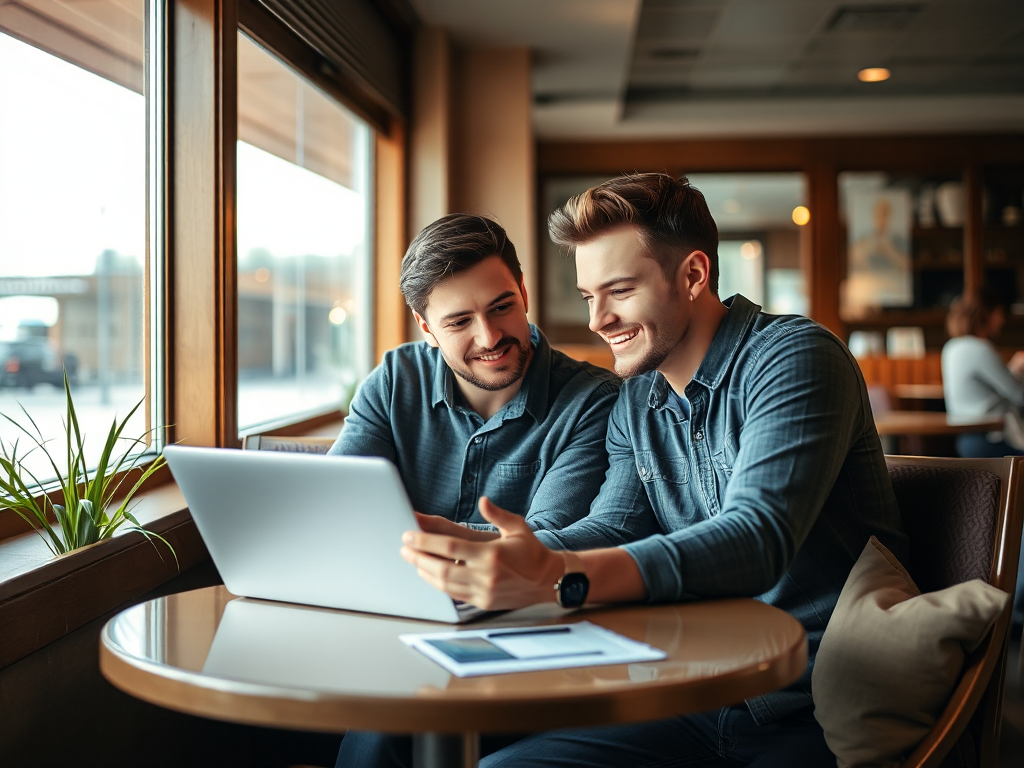 Cặp đôi trẻ đang tìm hiểu thông tin tour du thuyền Hạ Long 2026 trên máy tính xách tay tại quán cà phê ấm cúng, ánh sáng tự nhiên từ cửa sổ, khung cảnh du lịch hiện đại