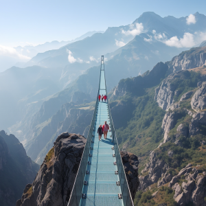 Cầu kính Bạch Long Mộc Châu với khách du lịch đi trên mặt kính trong suốt, khung cảnh núi non hùng vĩ bao quanh, bầu trời trong xanh, tạo cảm giác mạo hiểm và choáng ngợp