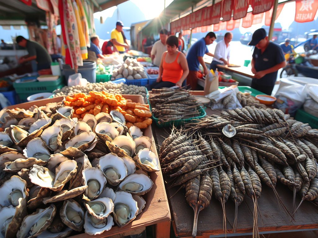 Chợ hải sản tươi sống tại Hạ Long với sò điệp và mực nướng trên bàn gỗ, ánh sáng buổi sáng chiếu qua, không khí nhộn nhịp của người bán địa phương