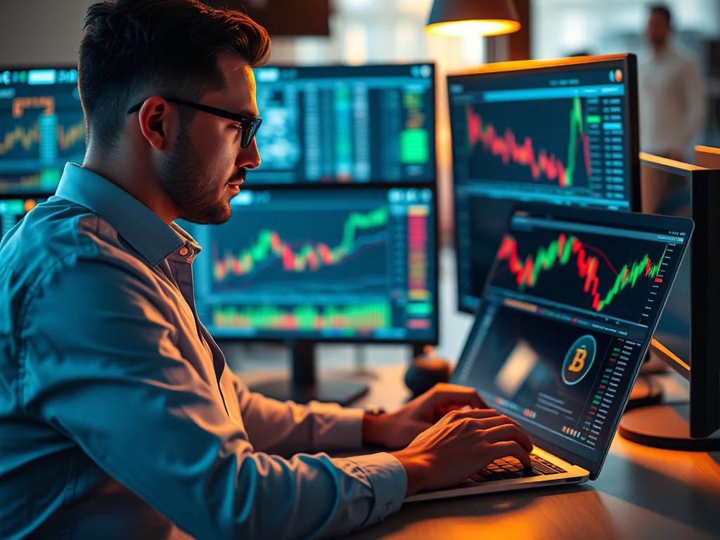 Chuyên gia giao dịch tiền điện tử đang phân tích biểu đồ BNB coin trên laptop trong không gian làm việc công nghệ tài chính hiện đại với nhiều màn hình và ánh sáng ấm áp