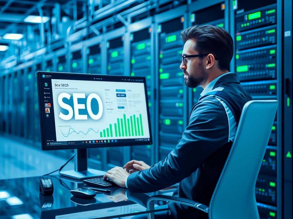 Chuyên gia SEO đang làm việc với các công cụ kỹ thuật trên máy tính, nền là cơ sở hạ tầng máy chủ, tông màu xanh dương và xanh lá cây, chủ đề công nghệ số