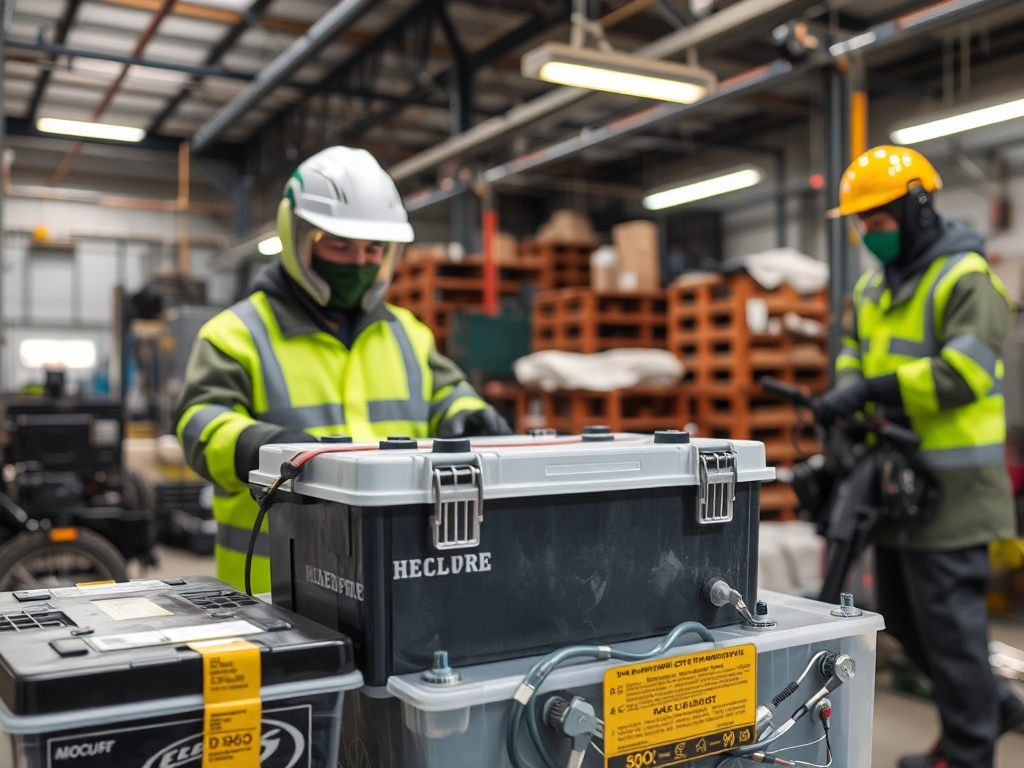 Công nhân đang xử lý pin xe máy điện cũ tại nhà máy tái chế chuyên nghiệp, môi trường công nghiệp với thiết bị phân loại hiện đại, ánh sáng đèn trần sáng rõ