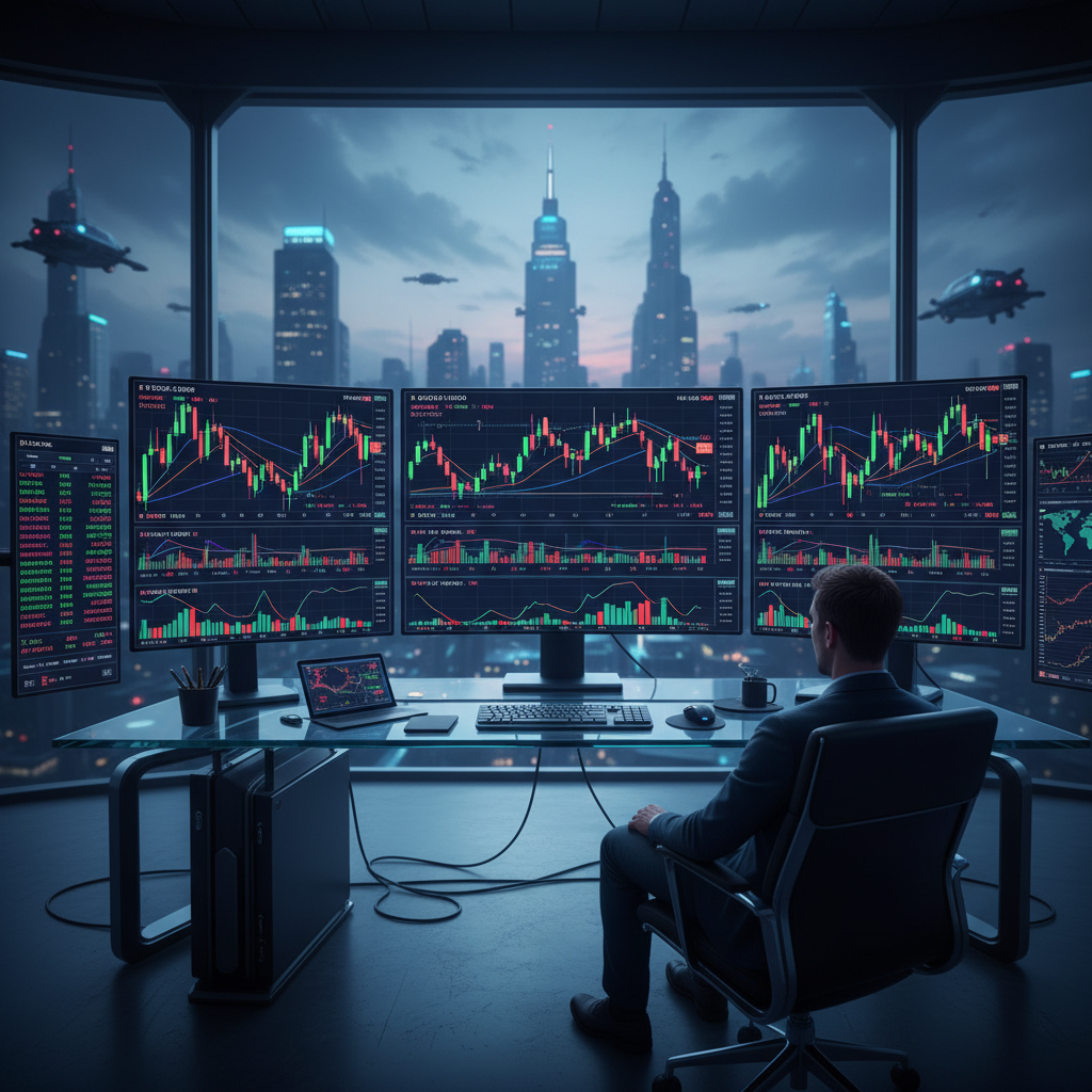 Cryptocurrency trading charts displaying technical analysis patterns, indicators, and price movements on multiple digital screens in a modern trading setup