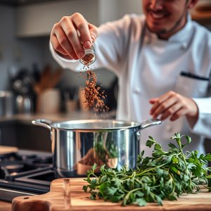 Đầu bếp chuyên nghiệp thêm gia vị vào nồi đang sôi trên bếp hiện đại, ánh sáng tự nhiên ấm áp, bàn gỗ có các loại thảo mộc tươi trong khung hình
