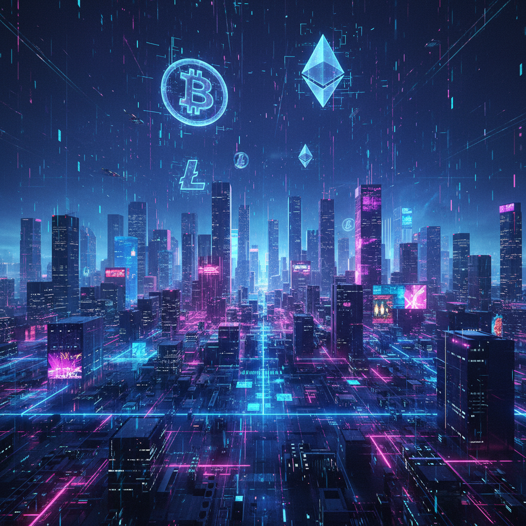Digital cryptocurrency symbols and blockchain networks floating above futuristic cityscape with neon lights, representing emerging market trends in 2026 cryptocurrency landscape