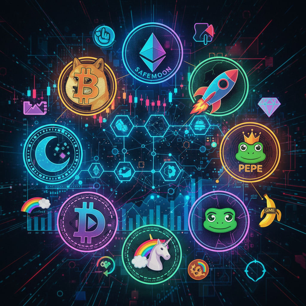 Digital illustration of cryptocurrency coins and meme coin symbols integrated with blockchain network and financial charts in vibrant neon colors, representing cryptocurrency market trends 2026