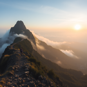 Đỉnh Pha Luông Mộc Châu hùng vĩ với khung cảnh núi non sương mù, những người leo núi trên đường mòn gồ ghề, ánh bình minh vàng rực chiếu sáng thung lũng