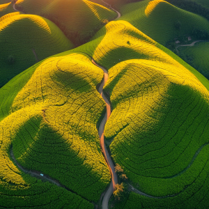 Đồi chè Trái Tim Mộc Châu với những ngọn đồi trà xanh mướt tạo hình trái tim đẹp mắt dưới ánh nắng vàng rực rỡ, đường mòn uốn lượn qua các luống trà