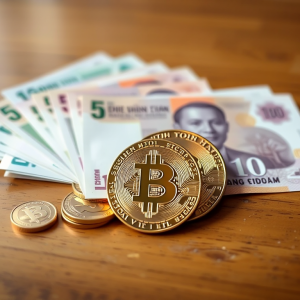 Đồng Bitcoin và tiền Việt Nam được sắp xếp trên bàn gỗ, ánh sáng tự nhiên, thể hiện khái niệm đầu tư tiền điện tử hợp pháp