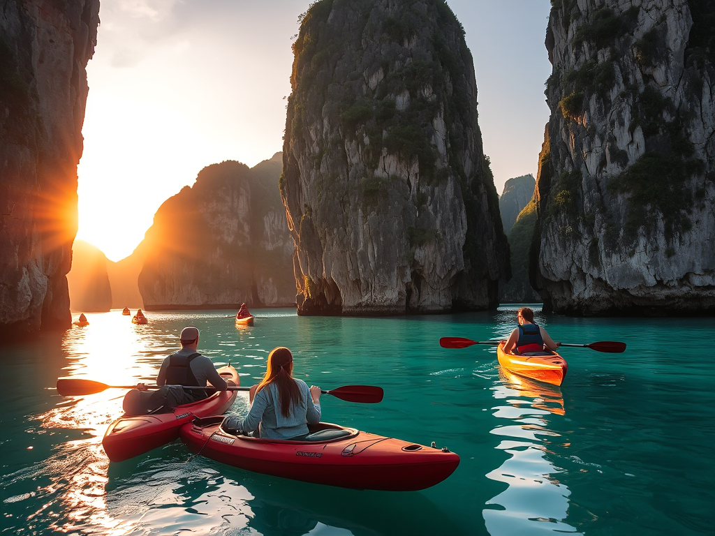 Du khách chèo thuyền kayak khám phá vịnh Hạ Long với những hòn đảo đá vôi hùng vĩ dưới ánh hoàng hôn vàng rực rỡ
