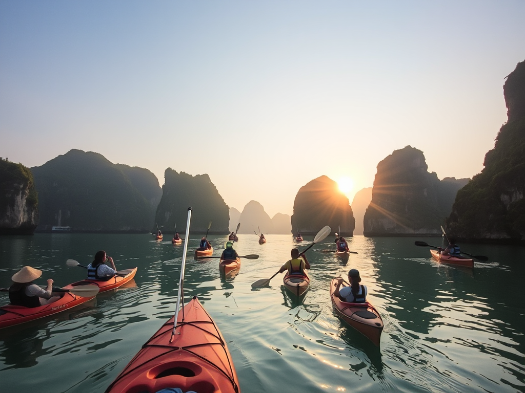 Du khách chèo thuyền kayak trên vịnh Hạ Long vào buổi sáng sớm, nước biển xanh ngọc bích và vách đá vôi tạo nên khung cảnh tuyệt đẹp