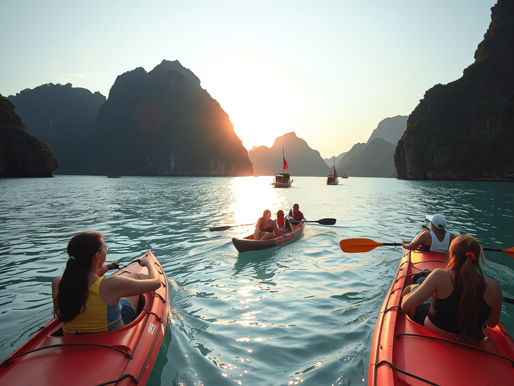 Du khách chèo thuyền kayak trên vịnh Hạ Long với những ngọn núi đá vôi hùng vĩ, ánh hoàng hôn vàng rực rỡ tạo khung cảnh tuyệt đẹp cho tour Hạ Long 2 ngày 1 đêm