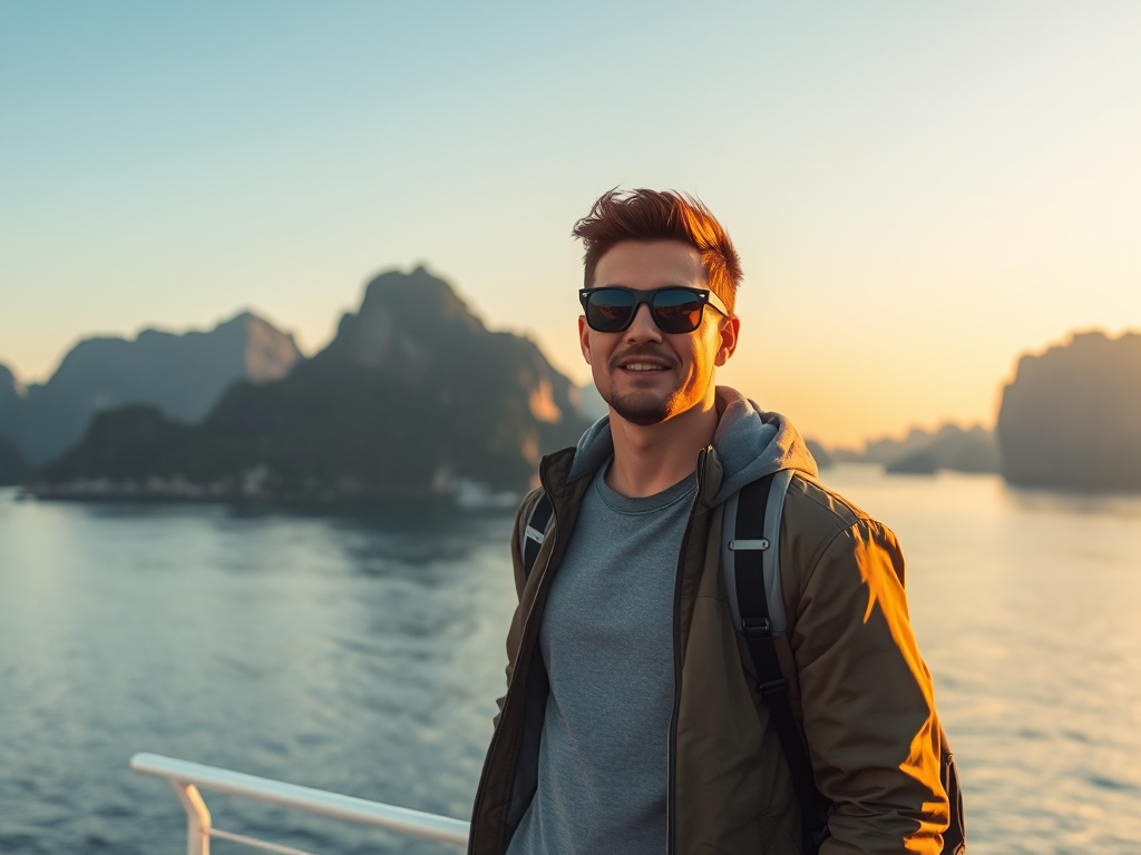 Du khách đứng trên boong tàu phà ngắm nhìn vịnh Hạ Long với những ngọn núi đá vôi hùng vĩ trong ánh sáng hoàng hôn đẹp mắt