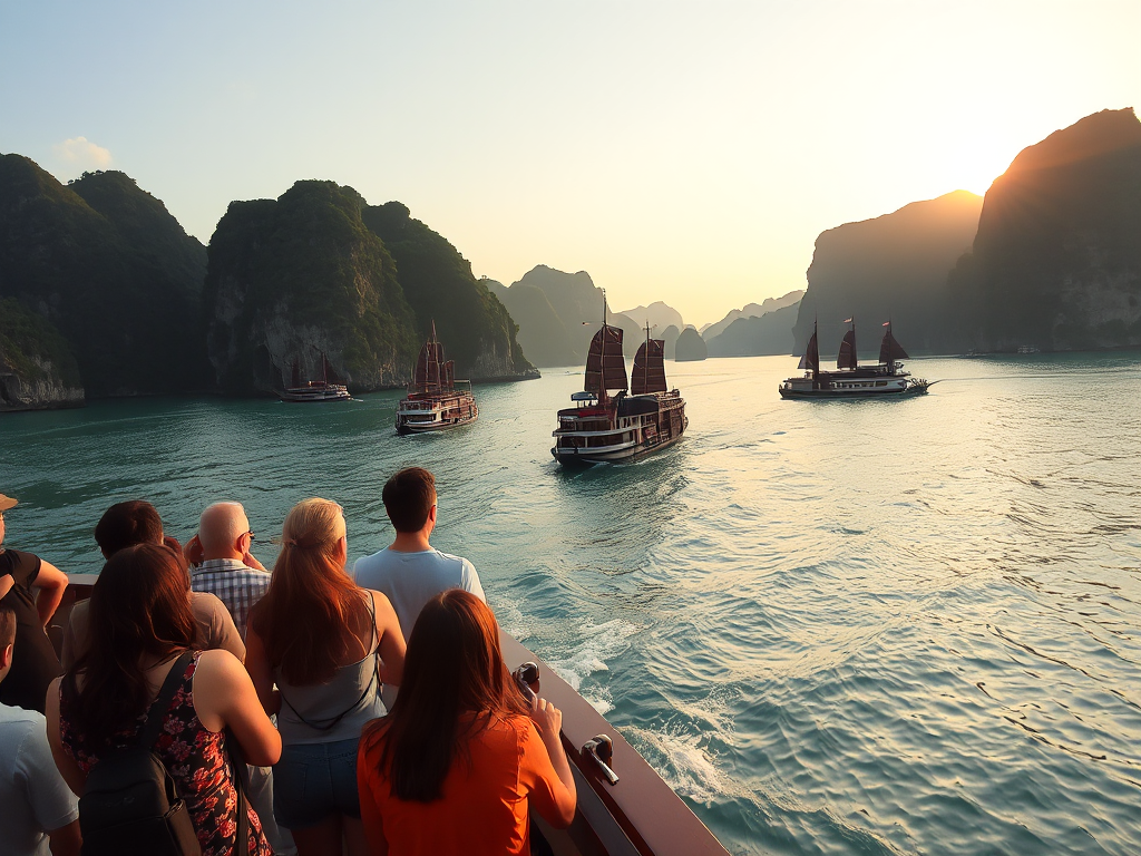 Du khách ngắm cảnh Vịnh Hạ Long từ thuyền gỗ truyền thống, nước biển xanh ngọc bích, vách đá vôi, ánh hoàng hôn vàng rực rỡ, tour Hạ Long 2 ngày 1 đêm