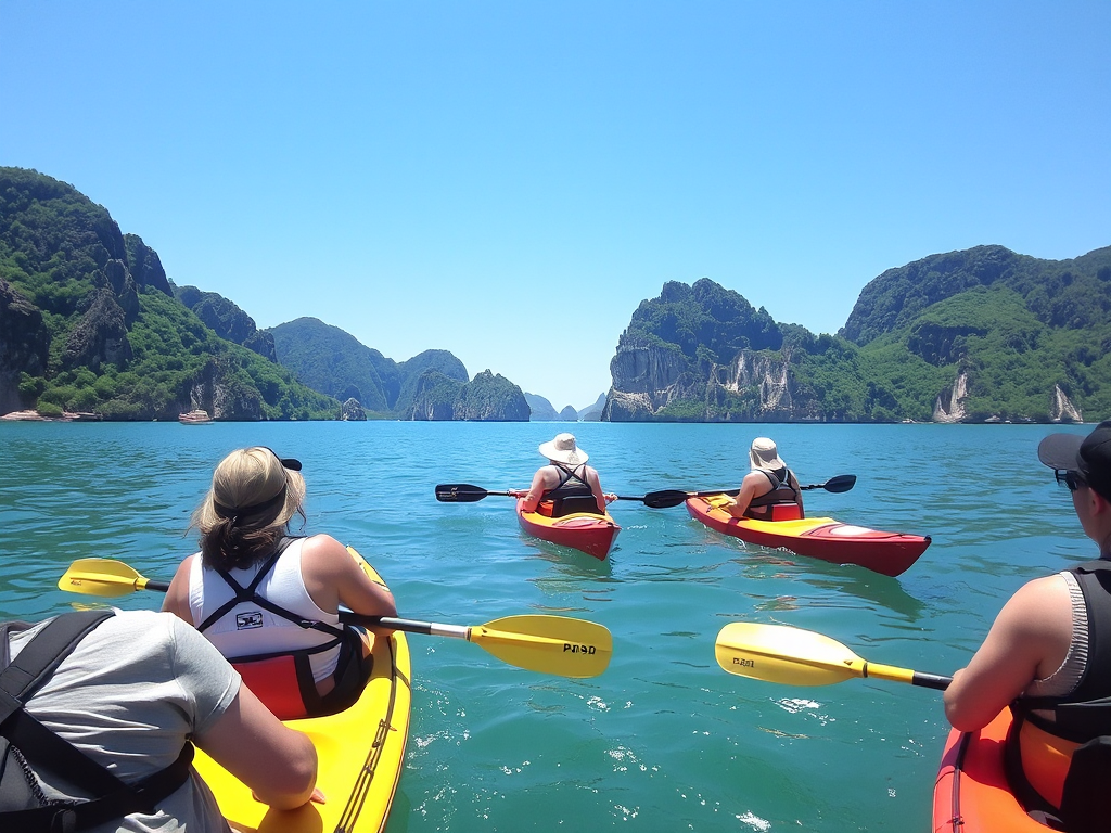 Du khách tham gia chèo thuyền kayak trên vịnh Hạ Long, khám phá các hòn đảo đá vôi hùng vĩ dưới bầu trời trong xanh