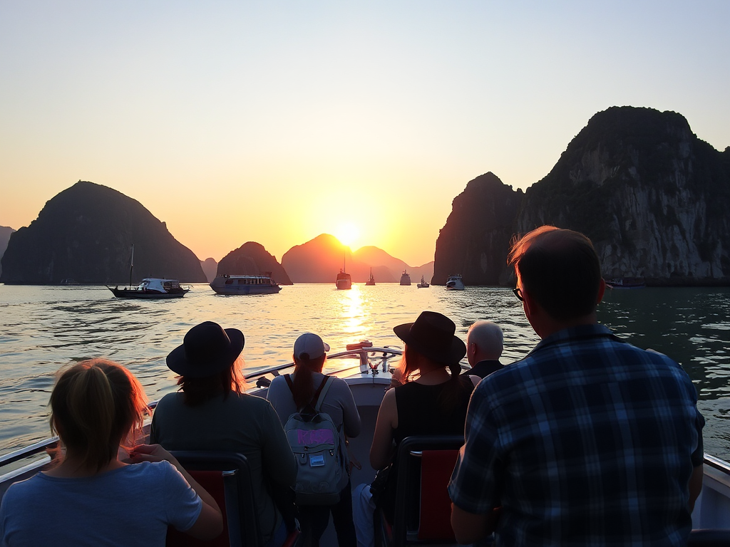 Du khách tham quan vịnh Hạ Long bằng thuyền vào lúc hoàng hôn, vách đá vôi hùng vĩ phía xa, ánh sáng vàng ấm áp, trải nghiệm du lịch tuyệt vời