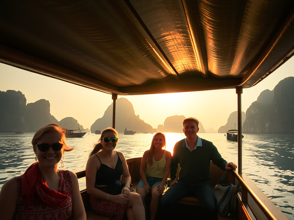 Du khách tham quan vịnh Hạ Long trên thuyền truyền thống, núi đá vôi hùng vĩ, hoàng hôn vàng rực, tour du lịch Hạ Long 2 ngày 1 đêm