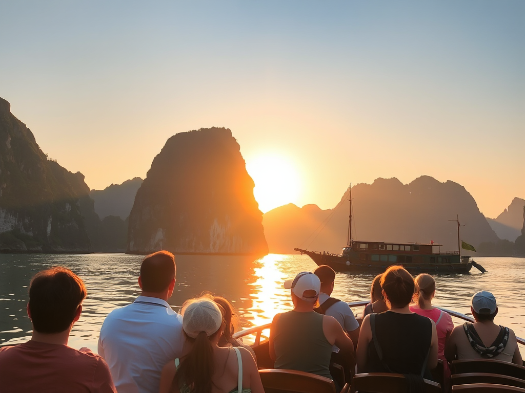 Du khách tham quan vịnh Hạ Long trên thuyền truyền thống, khung cảnh núi đá vôi hùng vĩ, ánh hoàng hôn vàng rực trên mặt nước yên bình