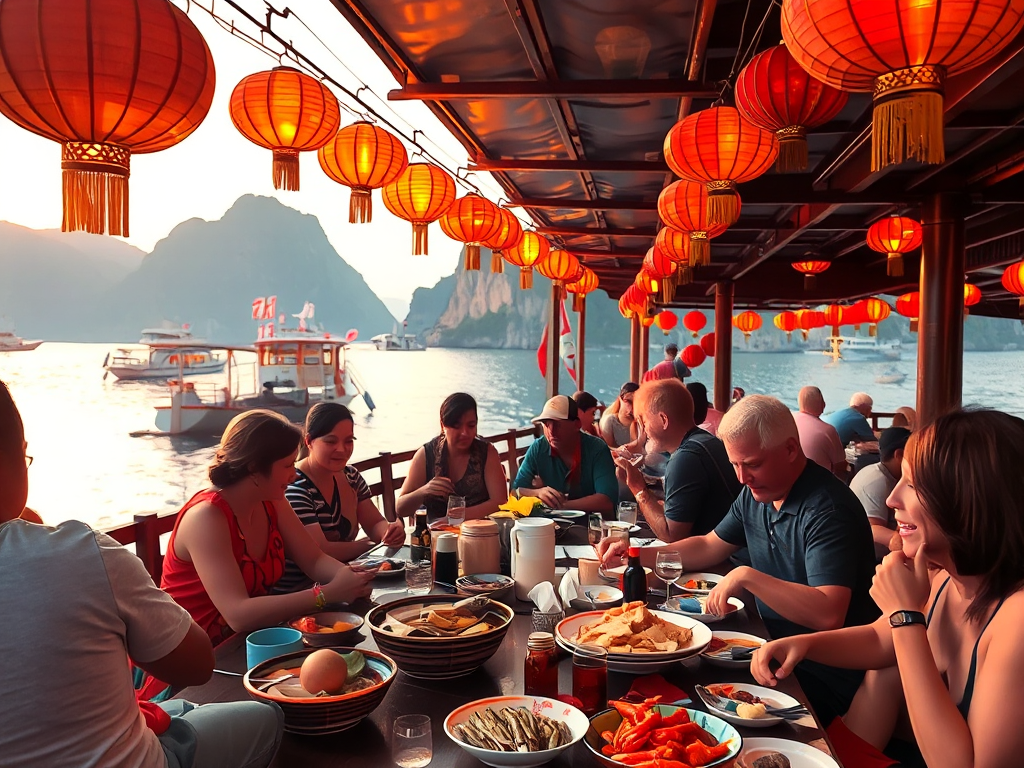 Du khách thưởng thức hải sản tươi sống tại nhà hàng nổi Vịnh Hạ Long, đèn lồng rực rỡ và thuyền truyền thống tạo khung cảnh lãng mạn