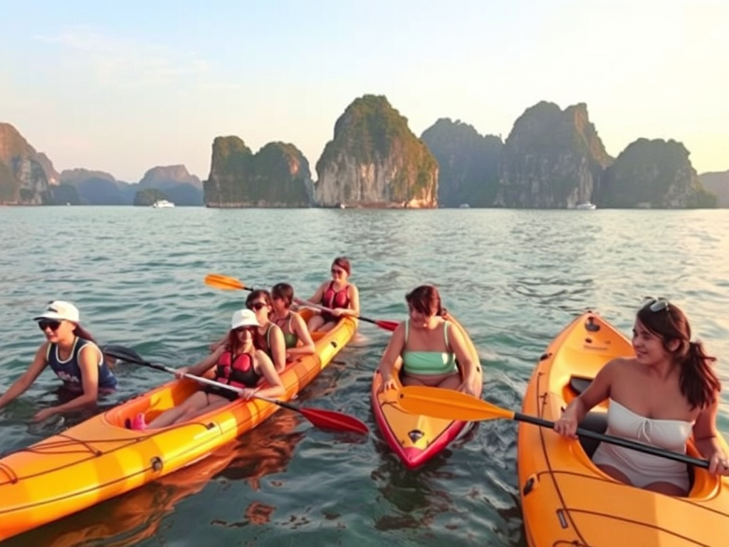 Du khách trải nghiệm các hoạt động trên du thuyền cao cấp tại vịnh Hạ Long như chèo thuyền kayak và bơi lội, với cảnh núi đá vôi hùng vĩ trong ánh hoàng hôn