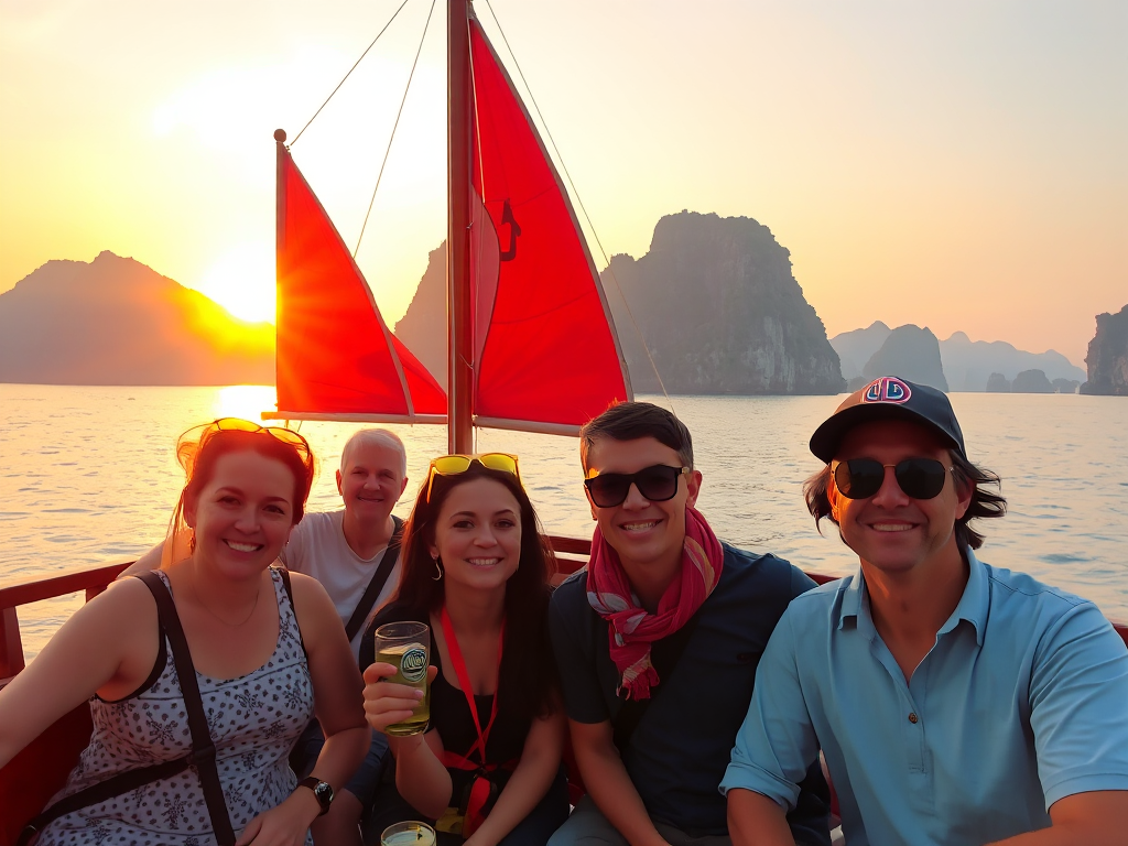 Du khách vui vẻ ngắm hoàng hôn trên vịnh Hạ Long từ du thuyền truyền thống, phong cảnh núi đá vôi hùng vĩ, ánh sáng vàng rực rỡ, tour Hạ Long 2 ngày 1 đêm thú vị